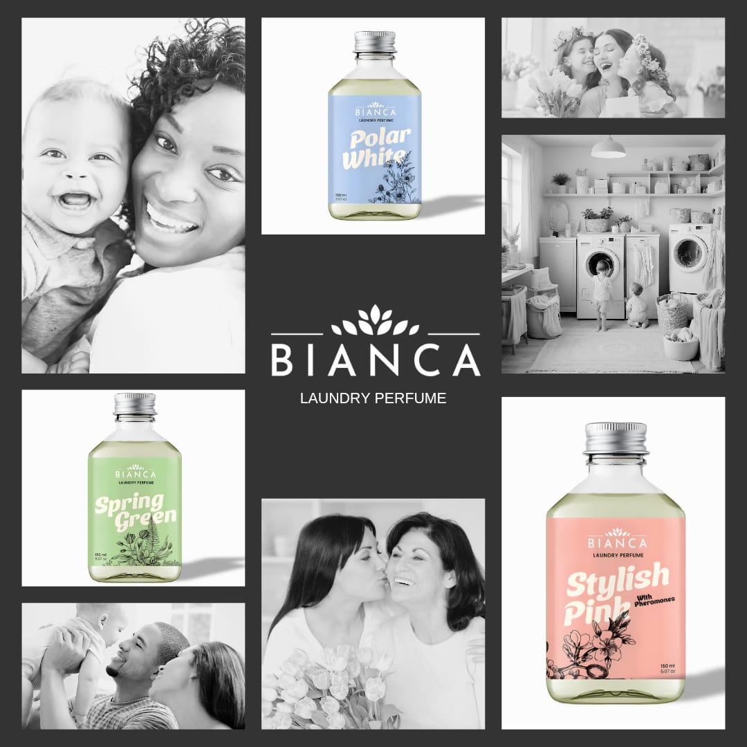 Collage of the BIANCA laundry perfume range beside black-and-white family photographs and a laundry room.