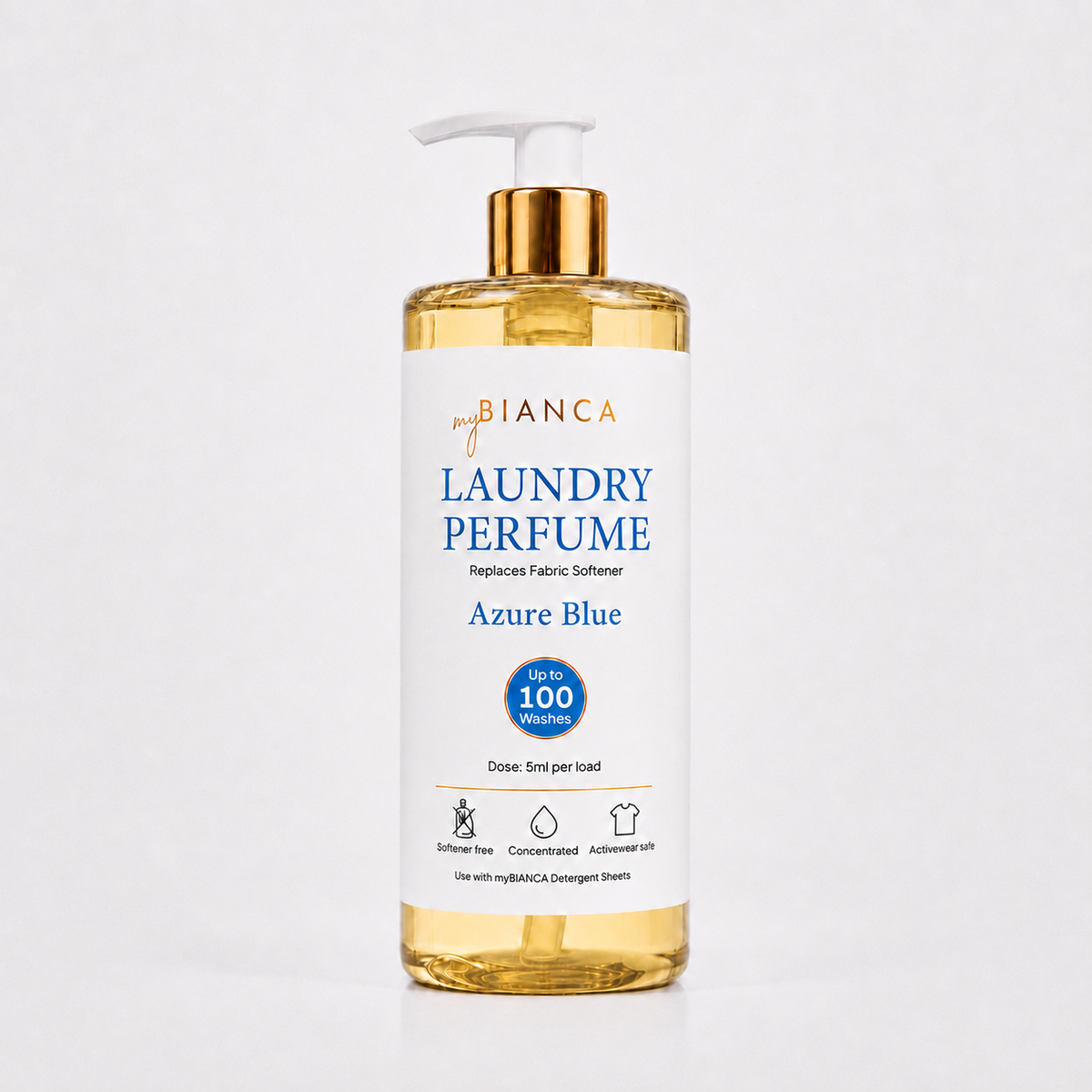 myBIANCA Azure Blue laundry perfume 500ml bottle with gold pump