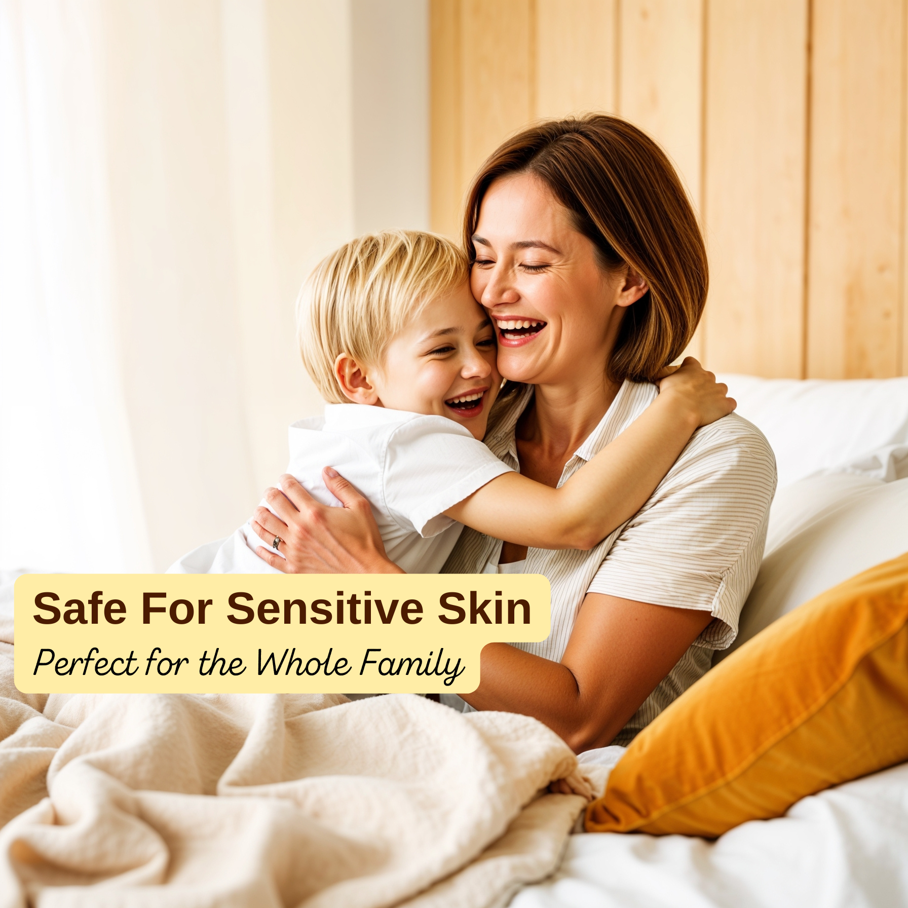 Mother hugging her young child on a cozy bed with text stating ‘Safe for Sensitive Skin – Perfect for the Whole Family’.