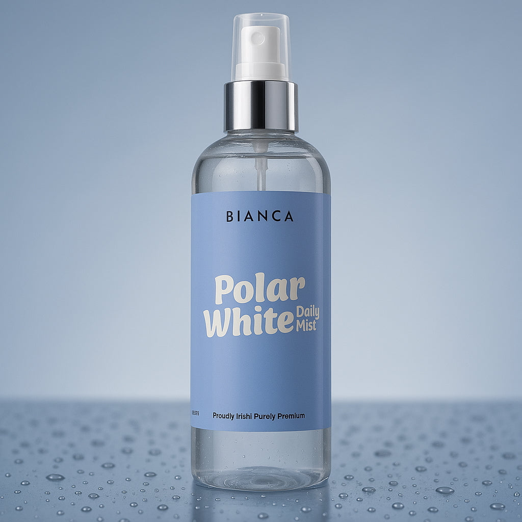 myBIANCA Polar White Daily Mist bottle on a cool blue background with water droplets, showcasing the fresh, clean fabric spray.