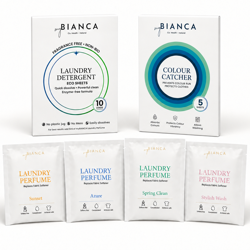 Discovery Bundle: four perfume sachets, one detergent sheets pack with 5 sheets and one colour catcher pack with 5 sheets