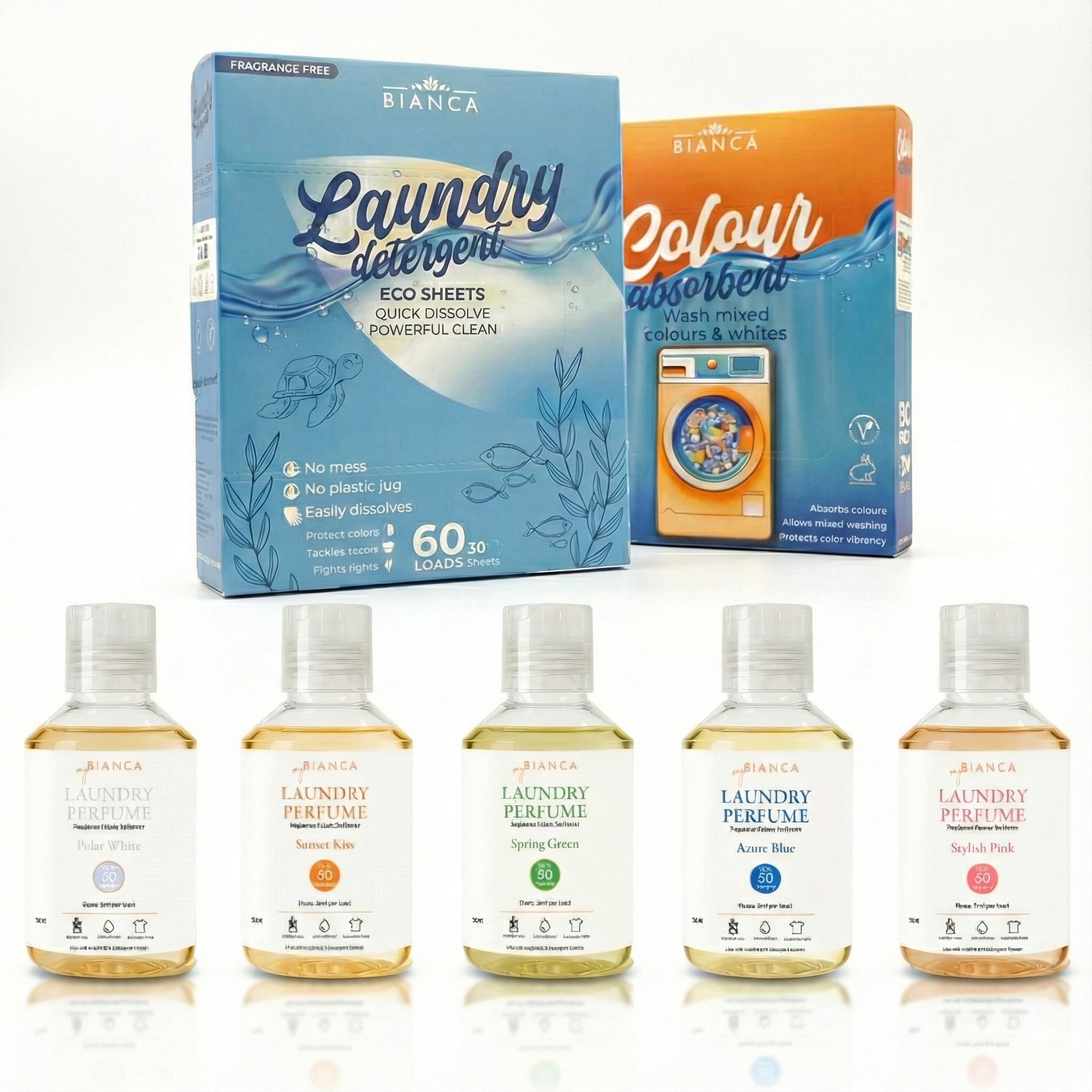 myBIANCA Ultimate Laundry Care Bundle featuring eco detergent sheets, colour absorber sheets, and five laundry perfume scents (Polar White, Sunset Kiss, Spring Green, Azure Blue, Stylish Pink)