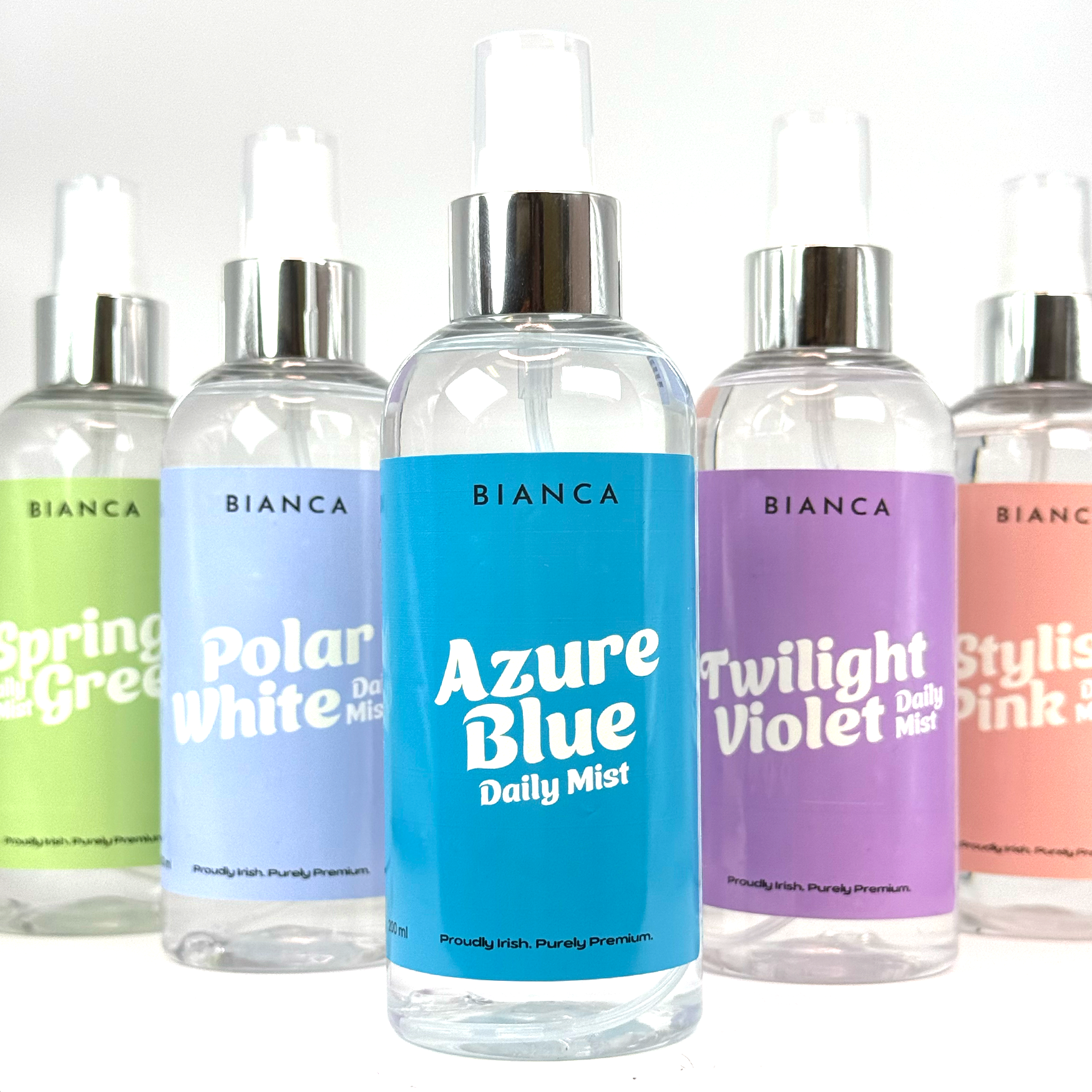 MyBianca Daily Mist collection featuring Azure Blue, Polar White, Spring Green, Twilight Violet and Stylish Pink fabric sprays