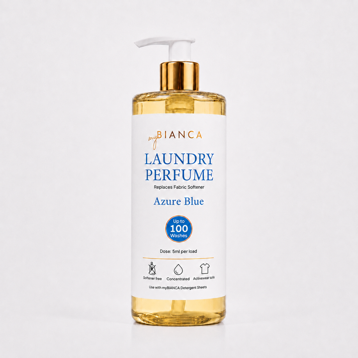 myBIANCA Azure Blue laundry perfume 500ml bottle with gold pump — up to 100 washes.
