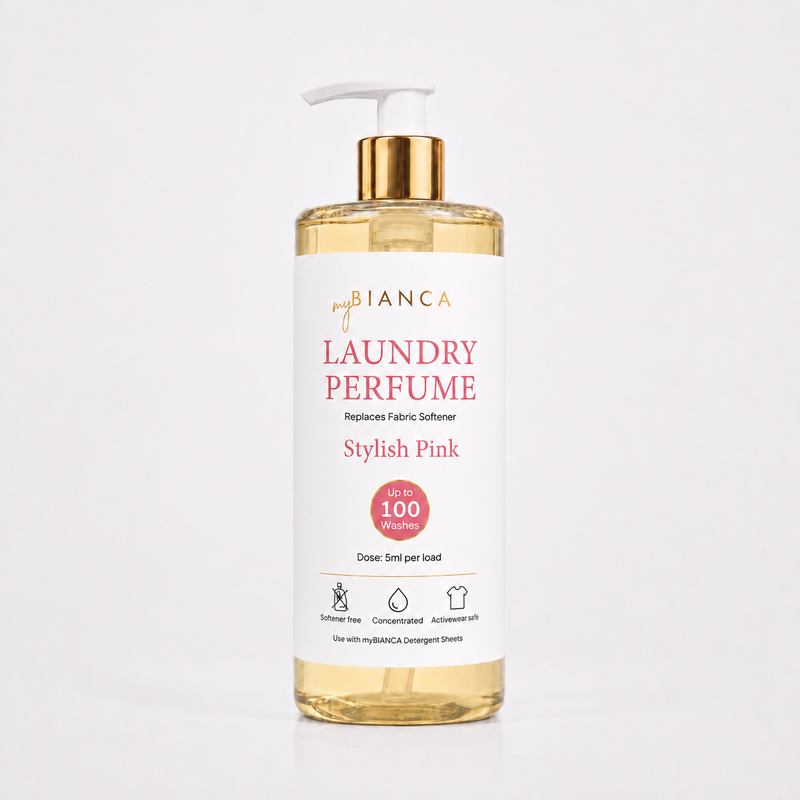 myBIANCA Stylish Pink laundry perfume 500ml bottle with gold pump — up to 100 washes.