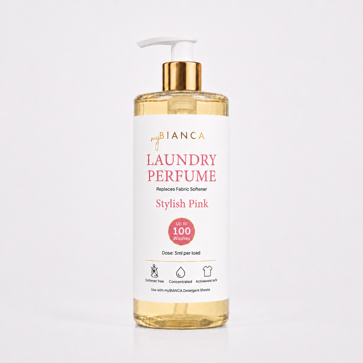 myBIANCA Stylish Pink laundry perfume 500ml bottle with gold pump — up to 100 washes.