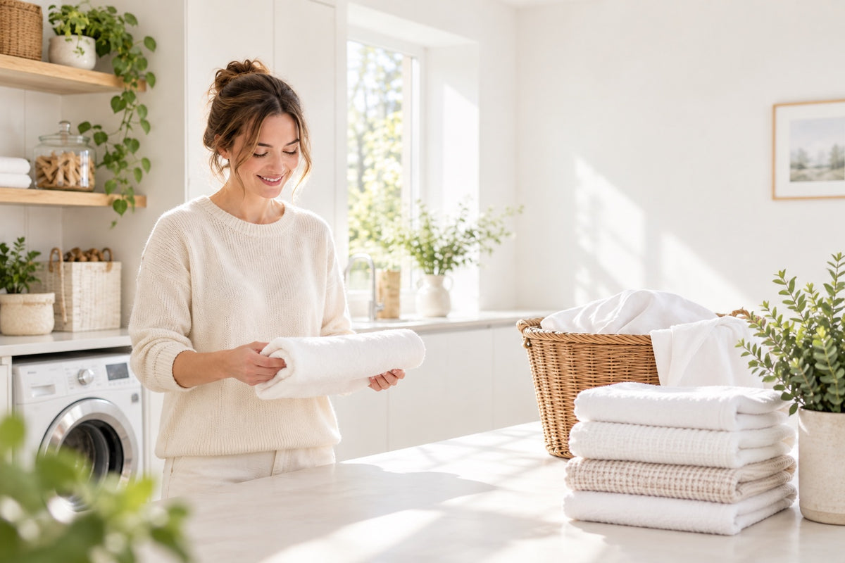 Woman holding freshly folded white laundry, with her full head and both hands visible in a bright home laundry room