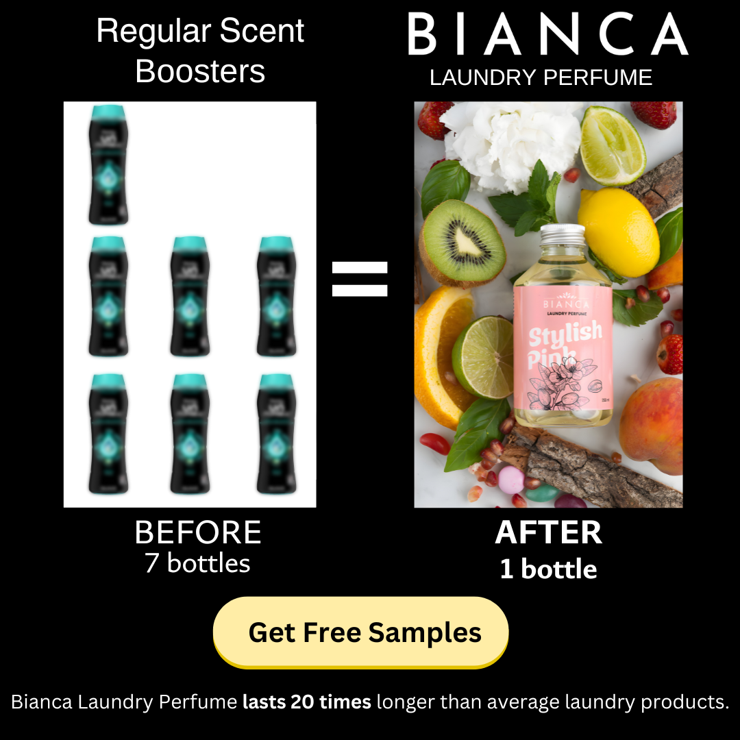 Comparison graphic showing that one bottle of Bianca Stylish Pink Laundry Perfume replaces seven regular scent booster bottles, highlighting its long-lasting fragrance strength.