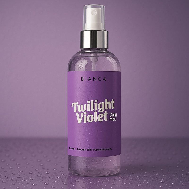 myBIANCA Twilight Violet fabric spray bottle on a purple surface with water droplets