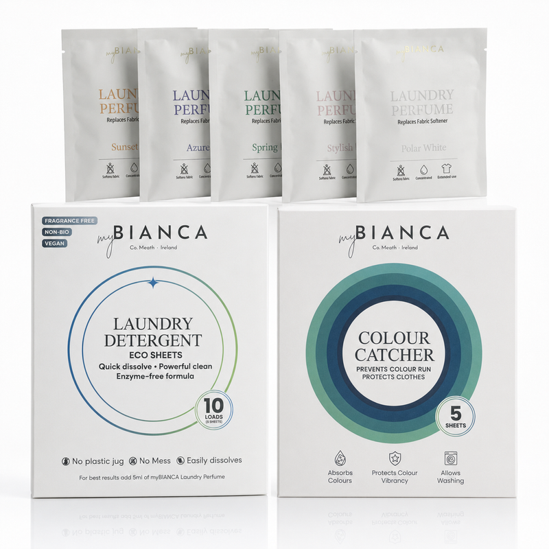 myBIANCA Discovery Bundle laid out — five laundry perfume sachets, detergent sheets and colour catchers.