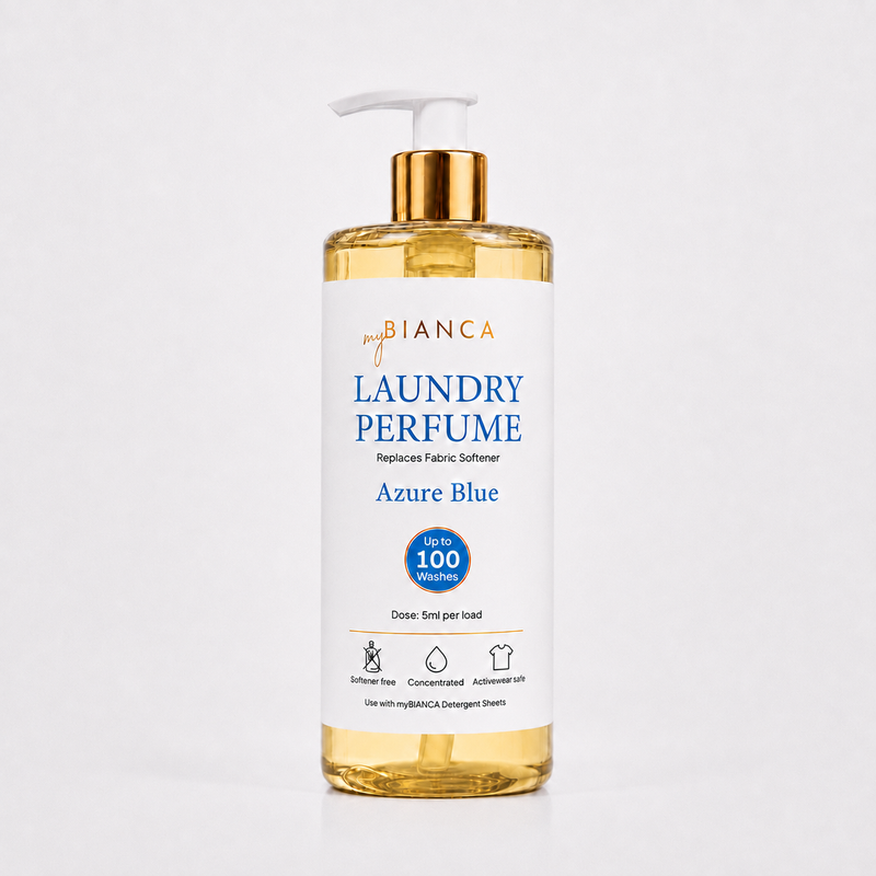 myBIANCA Azure Blue laundry perfume 500ml bottle with gold pump — up to 100 washes.