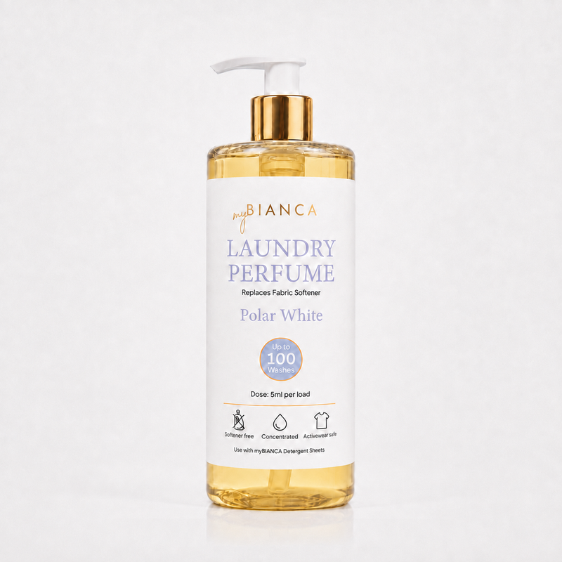 myBIANCA Polar White laundry perfume 500ml bottle with gold pump — up to 100 washes.