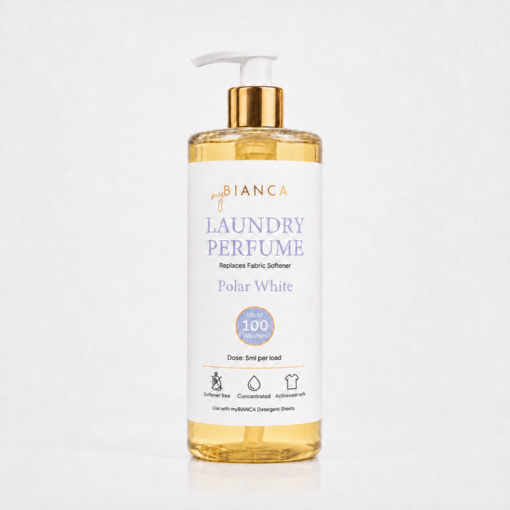 myBIANCA Polar White laundry perfume 500ml bottle with gold pump — up to 100 washes.