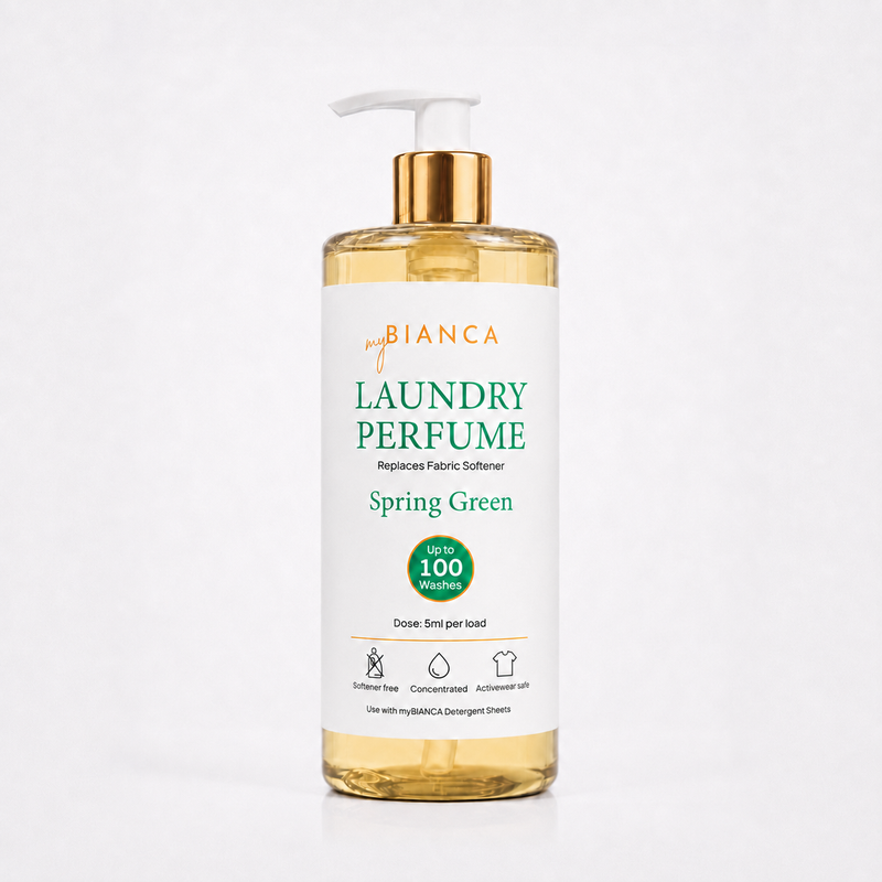 myBIANCA Spring Green laundry perfume 500ml bottle with gold pump — up to 100 washes.