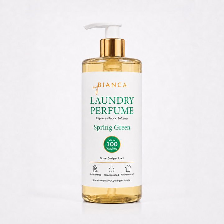 myBIANCA Spring Green laundry perfume 500ml bottle with gold pump — up to 100 washes.