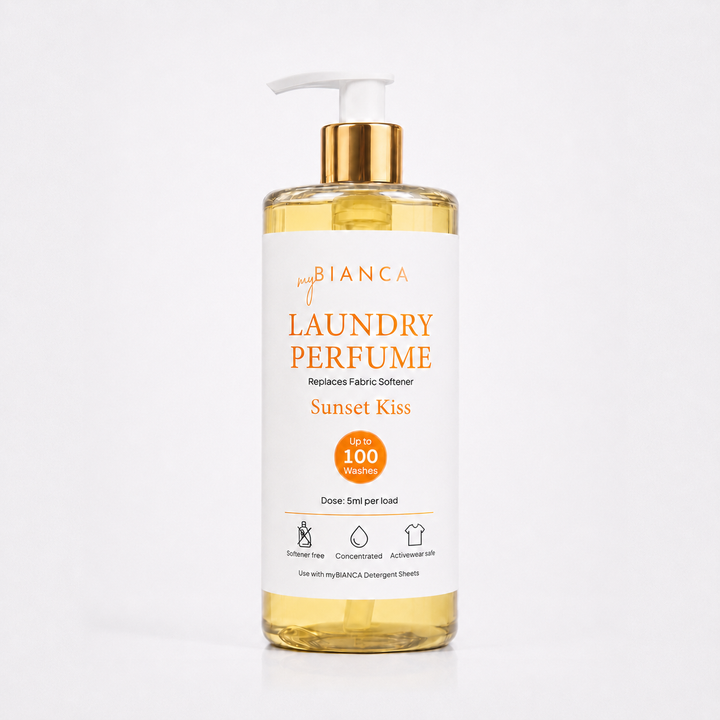 myBIANCA Sunset Kiss laundry perfume 500ml bottle with gold pump — up to 100 washes.